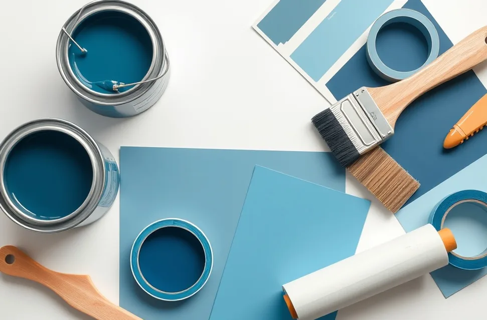 Pots de peinture, nuancier, brosses et rouleaux disposés à plat