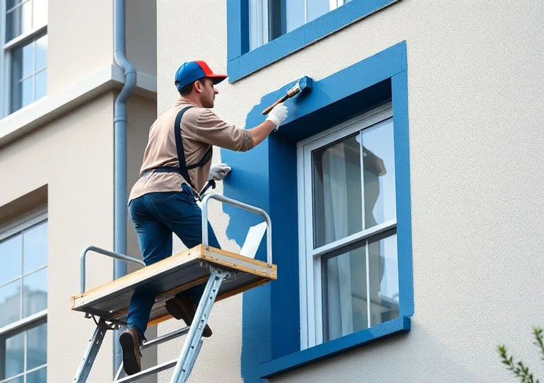 Peintre sur échafaudage traitant la façade d'une maison